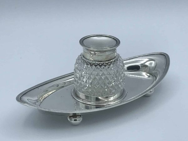 Antique 1895 Sterling Silver & Cut Glass Inkwell by John Grinsell & Sons – Elegant Desk Accessory