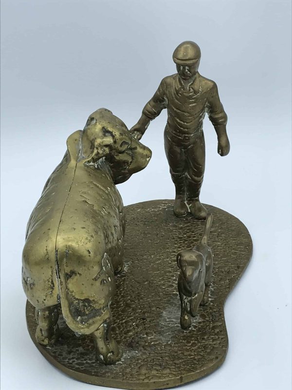 Large Solid Brass Farmer & Cattle Model – 7.3kg – Working Dog – Vintage - Image 5