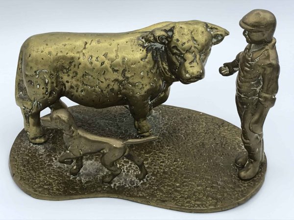 Large Solid Brass Farmer & Cattle Model – 7.3kg – Working Dog – Vintage