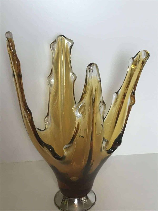 Large Mid-Century Amber Cased Splash Vase – Chrome Base Art Glass – 16"