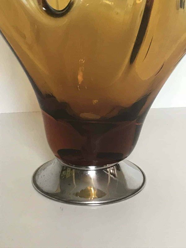 Large Mid-Century Amber Cased Splash Vase – Chrome Base Art Glass – 16" - Image 3