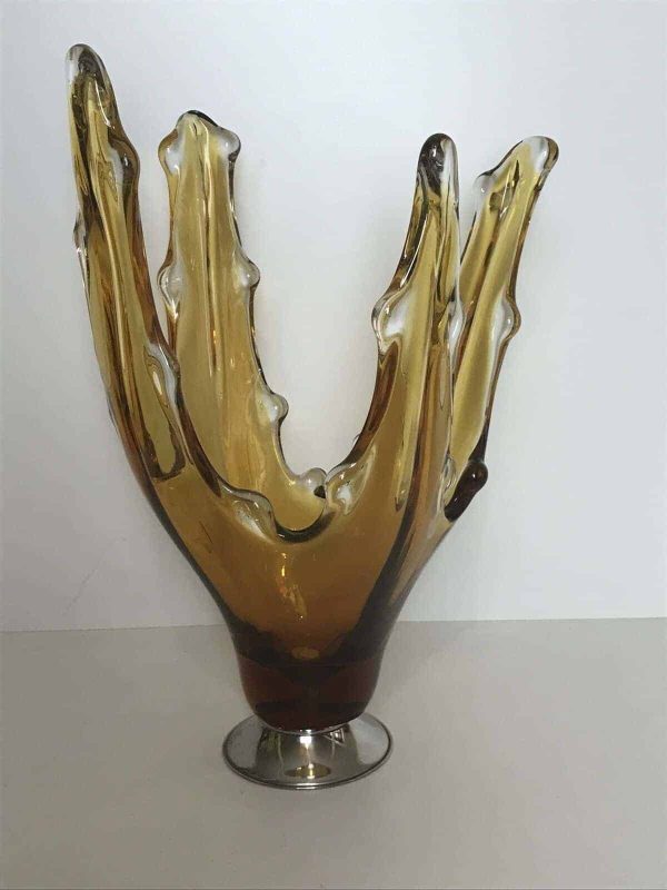Large Mid-Century Amber Cased Splash Vase – Chrome Base Art Glass – 16" - Image 6