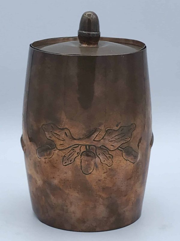 Signed Arts & Crafts Copper Tea Caddy or Biscuit Barrel – Oak Motif - Image 2