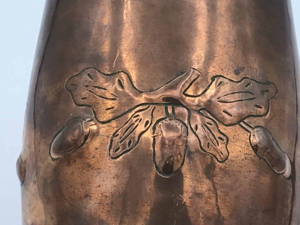 Signed Arts & Crafts Copper Tea Caddy or Biscuit Barrel – Oak Motif - Image 3