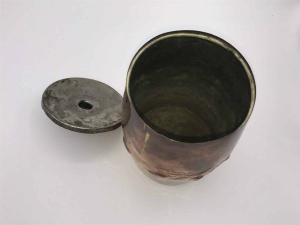 Signed Arts & Crafts Copper Tea Caddy or Biscuit Barrel – Oak Motif - Image 6