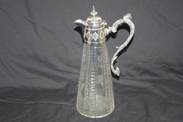 Victorian Silver Plate Cut Glass Claret Jug – Mask Handle – c.1890s - Image 2