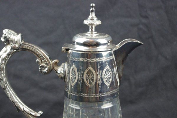 Victorian Silver Plate Cut Glass Claret Jug – Mask Handle – c.1890s - Image 4