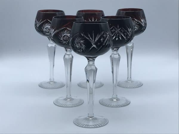 Set of Six Mid-Century Bohemian Flashed Cut Crystal Hock Glasses - Image 2