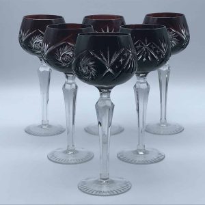 Set of Six Mid-Century Bohemian Flashed Cut Crystal Hock Glasses