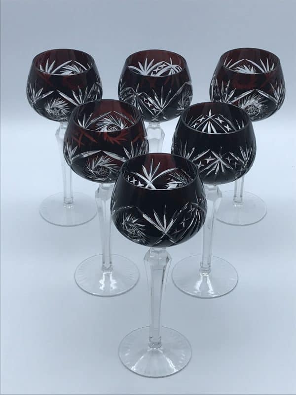 Set of Six Mid-Century Bohemian Flashed Cut Crystal Hock Glasses
