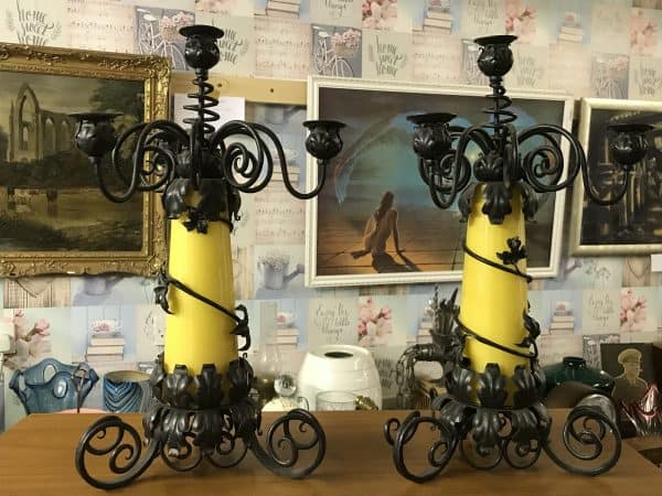 Pair of Mid-Century Wrought Iron & Glass Candelabra Candlesticks – 20th Century