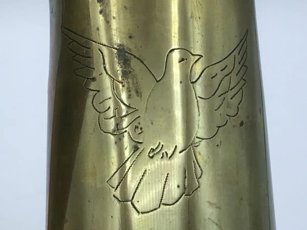 WW1 Trench Art Brass Shell Vases – Engraved Peace Doves – 1914-1918 Pair - Image 3