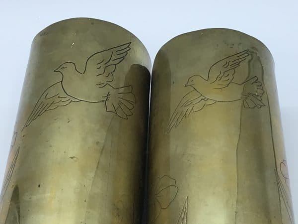WW1 Trench Art Brass Shell Vases – Engraved Peace Doves – 1914-1918 Pair - Image 5