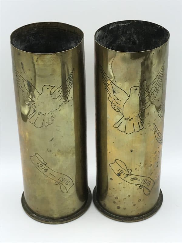 WW1 Trench Art Brass Shell Vases – Engraved Peace Doves – 1914-1918 Pair