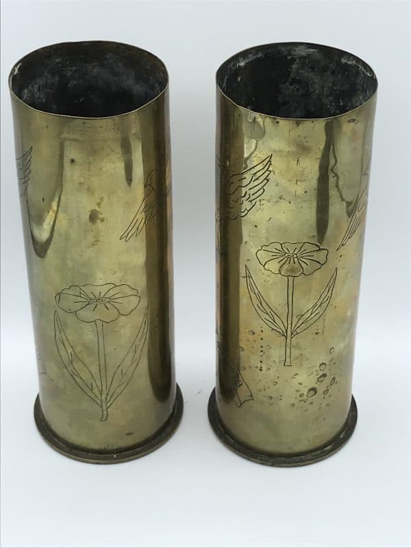 WW1 Trench Art Brass Shell Vases – Engraved Peace Doves – 1914-1918 Pair - Image 9