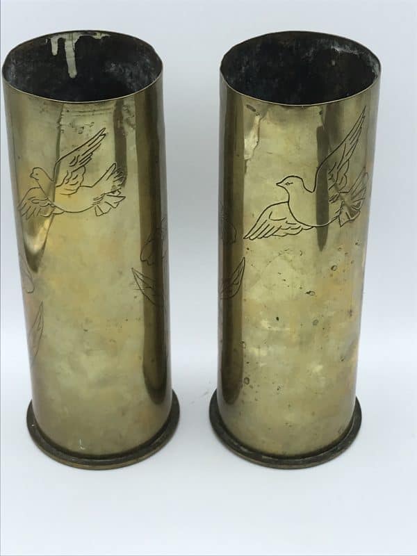 WW1 Trench Art Brass Shell Vases – Engraved Peace Doves – 1914-1918 Pair - Image 10