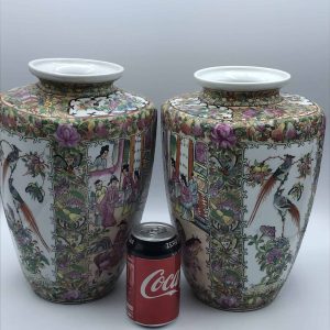 Vintage Chinese Porcelain Vases Hand Painted Large Pair 12in Decorative