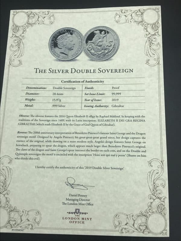 Pure Silver Proof Double Sovereign – Angela Pistrucci Design – COA & Box - Image 3