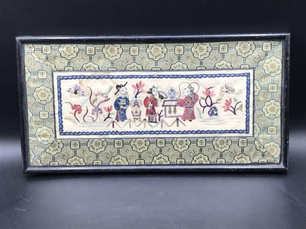 Antique Chinese Qiang Embroidered Silk Panel – Framed Textile Art - Image 2
