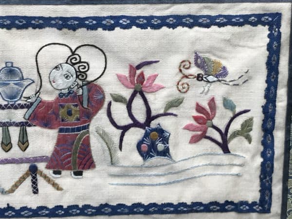 Antique Chinese Qiang Embroidered Silk Panel – Framed Textile Art - Image 4