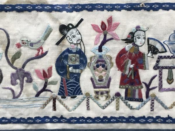 Antique Chinese Qiang Embroidered Silk Panel – Framed Textile Art