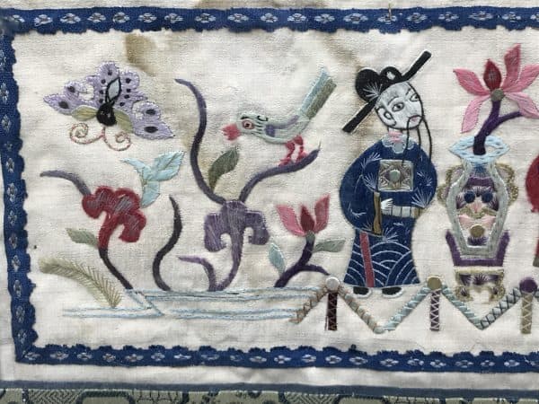 Antique Chinese Qiang Embroidered Silk Panel – Framed Textile Art - Image 7