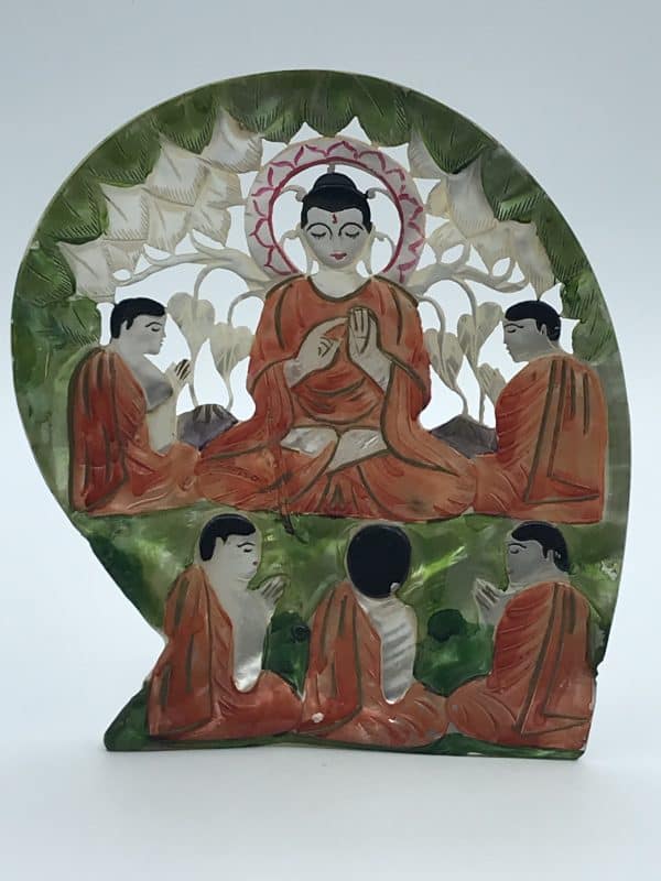 Carved and Painted Mother Of Pearl Panel Under The Budhi Tree