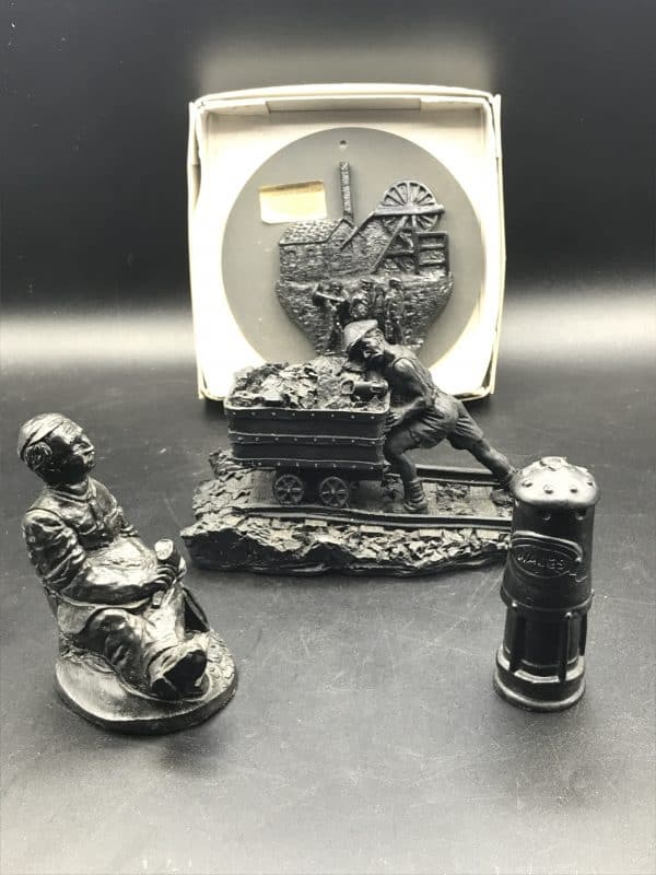 Group Carved Crafted Coal Miners and Lamp From Welsh Coal - Image 2
