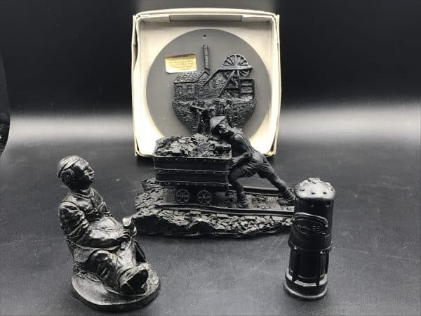 Group Carved Crafted Coal Miners and Lamp From Welsh Coal