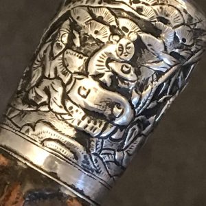 Antique Cork Wood Walking Cane – Silver Oriental Top – Rare Collectible