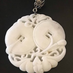 Chinese White Jade Carved Pendant Bat and Cash Coins Good Luck Symbol