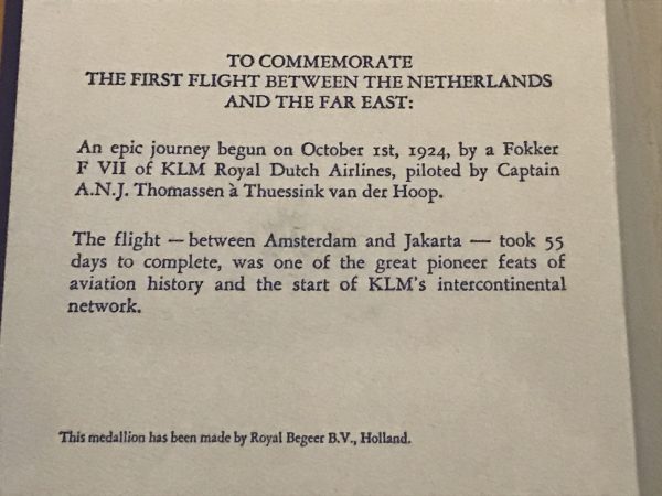 KLM 50 Years of Flights to the Far East 1974 Bronze Memorial Medal 60 mm - Image 3