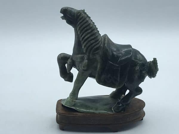 Antique Early 20th Century Chinese Carved Green Jade Horse on Plinth – Silver Inlay Base
