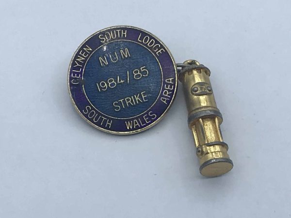 1980s Welsh Miners NUM Strike Badge and Brass Miners Lamp Fob
