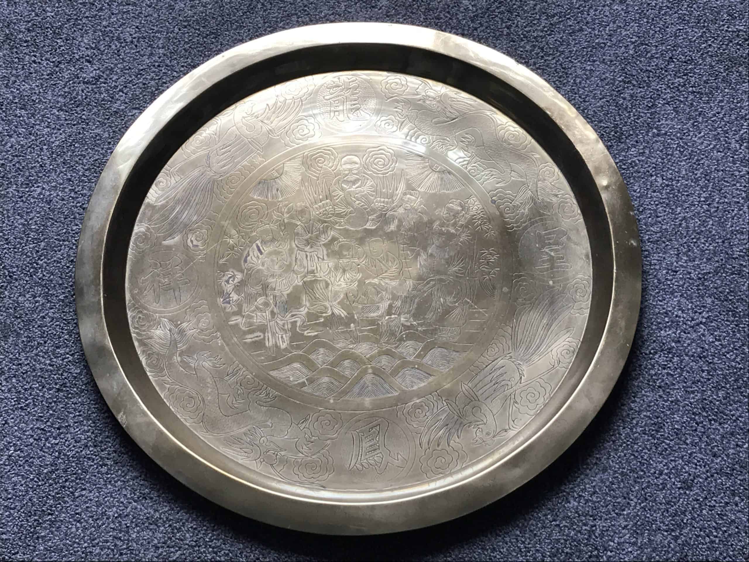 Chinese Brass Dragon and Phoenix Charger Engraved Court Scene 21 Inch - Image 2