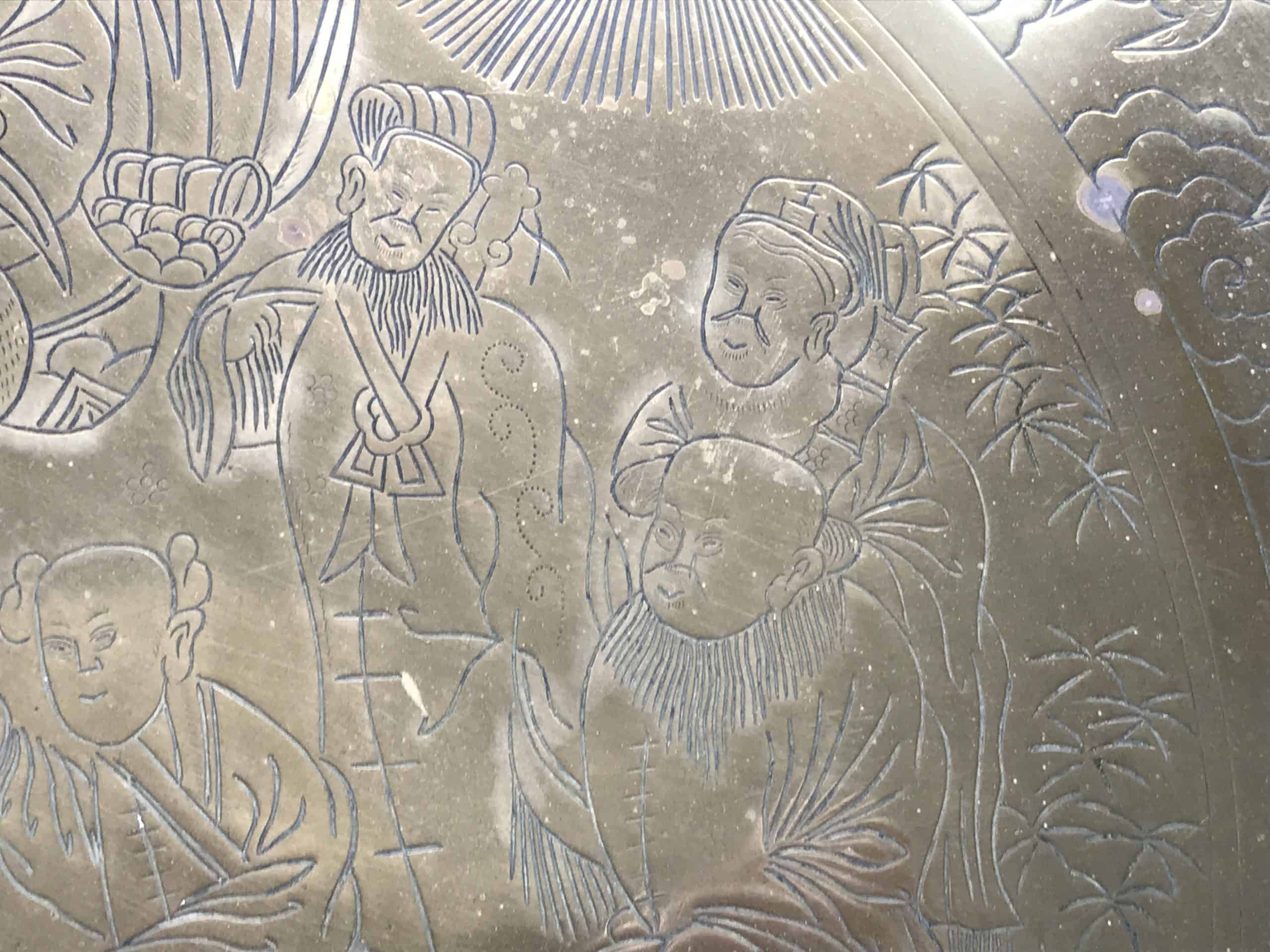 Chinese Brass Dragon and Phoenix Charger Engraved Court Scene 21 Inch - Image 19