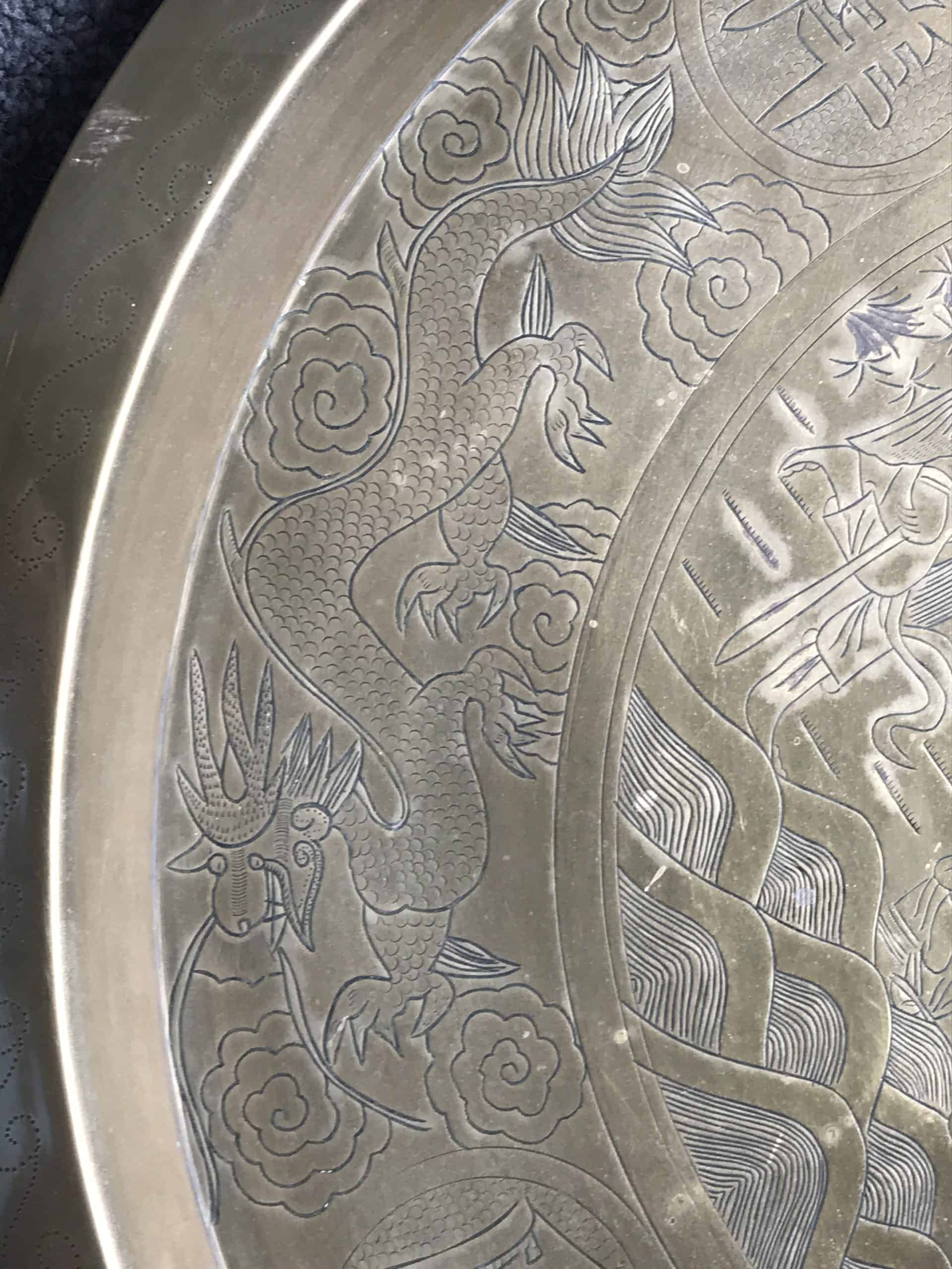 Chinese Brass Dragon and Phoenix Charger Engraved Court Scene 21 Inch - Image 20