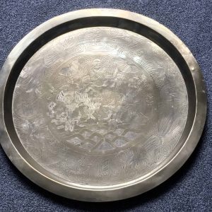 Chinese Brass Dragon and Phoenix Charger Engraved Court Scene 21 Inch