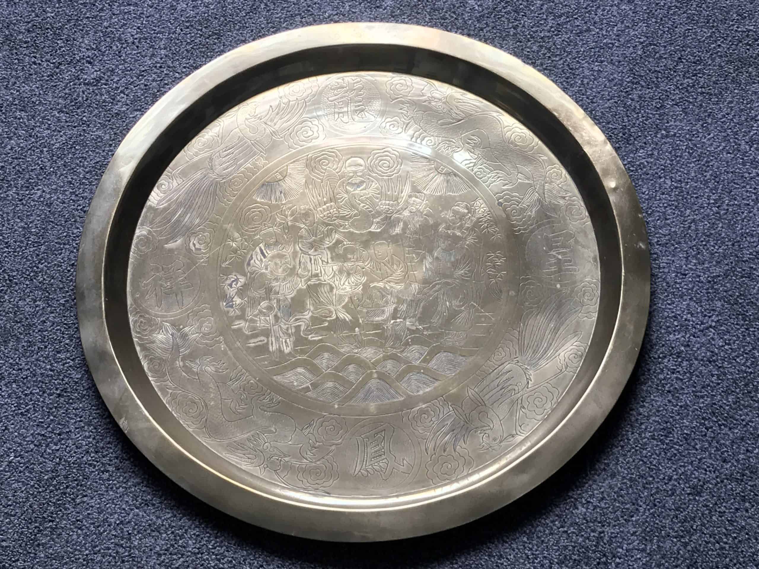 Chinese Brass Dragon and Phoenix Charger Engraved Court Scene 21 Inch