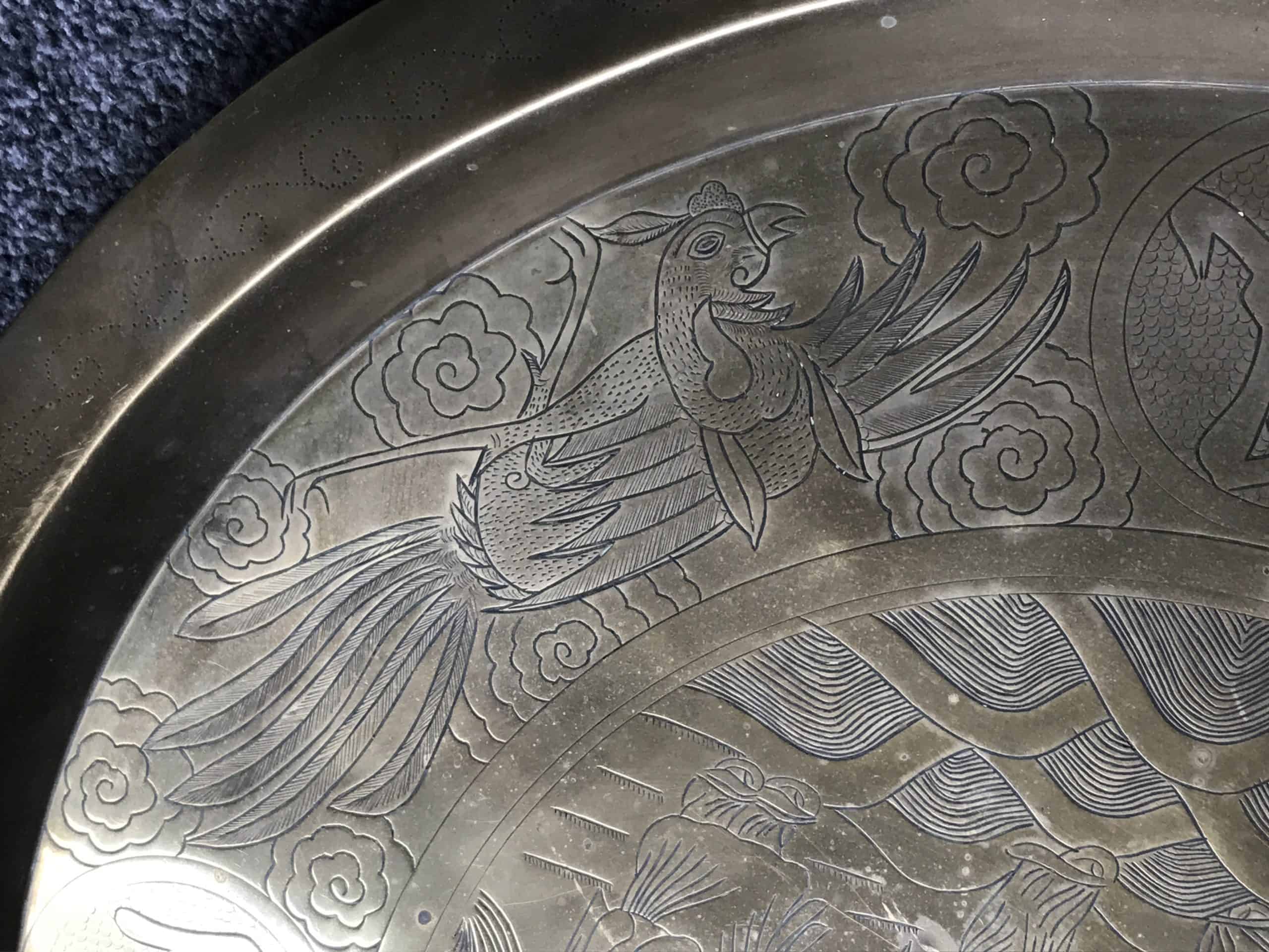 Chinese Brass Dragon and Phoenix Charger Engraved Court Scene 21 Inch - Image 21