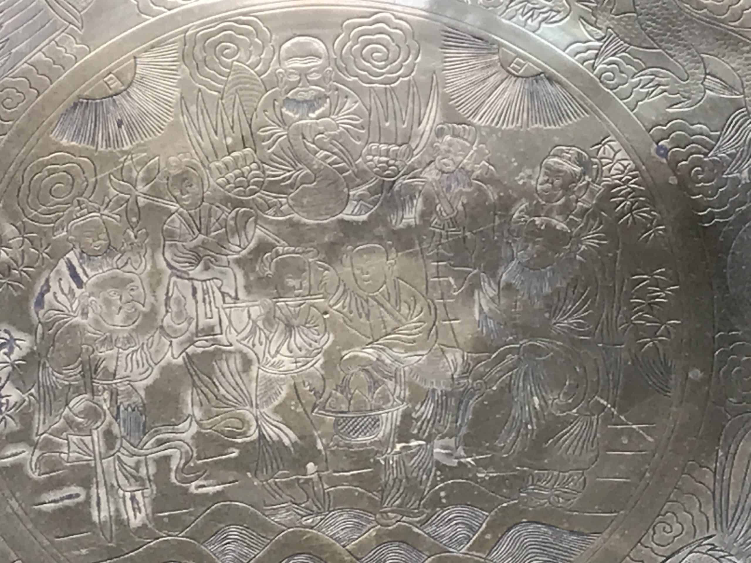 Chinese Brass Dragon and Phoenix Charger Engraved Court Scene 21 Inch - Image 4