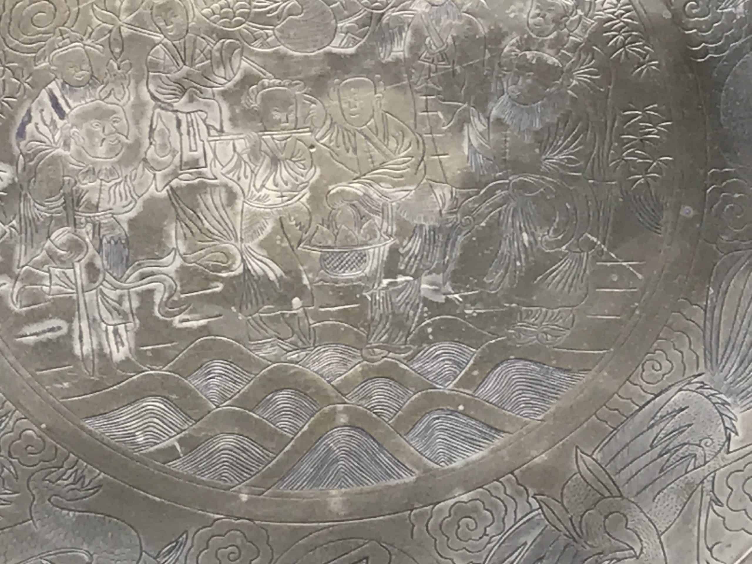 Chinese Brass Dragon and Phoenix Charger Engraved Court Scene 21 Inch - Image 5