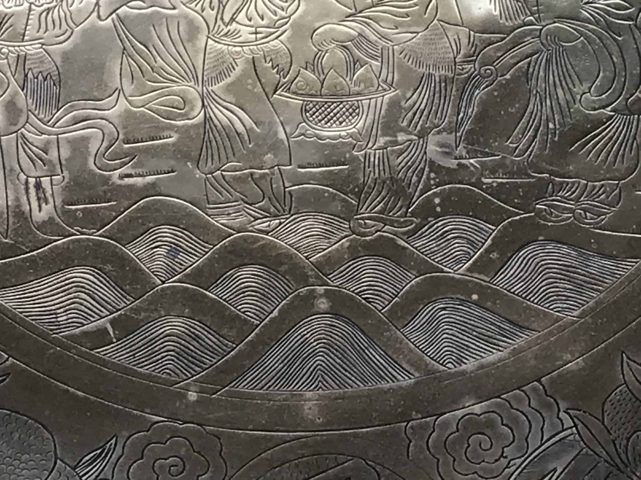 Chinese Brass Dragon and Phoenix Charger Engraved Court Scene 21 Inch - Image 6