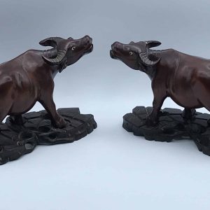 Pair Chinese Hardwood Water Buffalo Carvings Early 20th Century