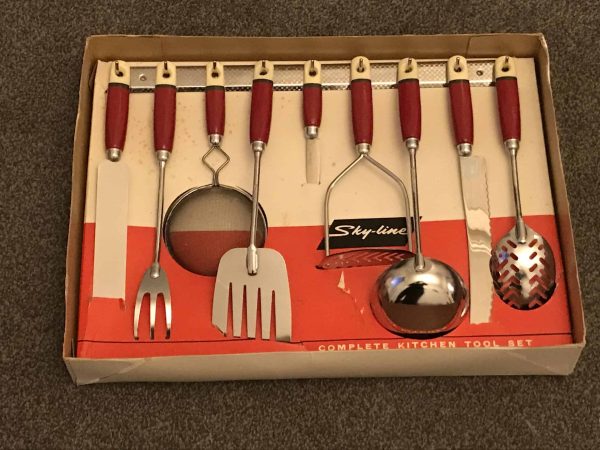 Rare Retro Red Chrome and Stainless Steel Skyline Kitchen Utensils Set