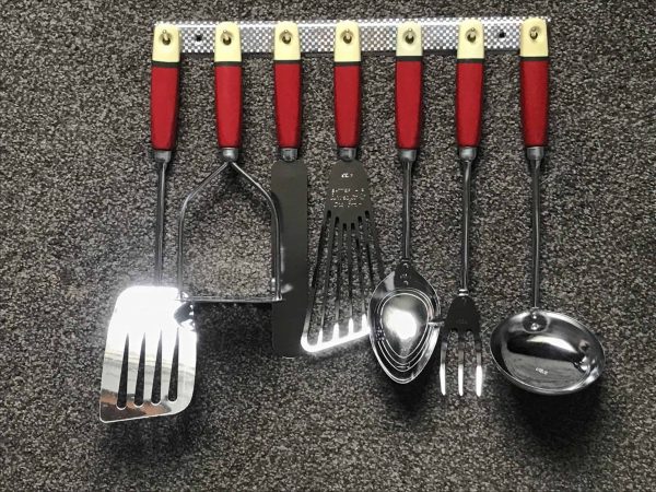 Retro Skyline Chrome Kitchen Utensil Set – Mid Century Red & Cream, Steel