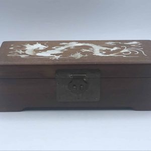 Vintage Chinese Wood Jewellery Box Mother of Pearl Dragon Inlay