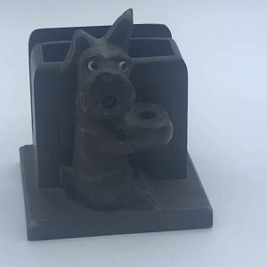 Antique Black Forest Carved Terrier Letter Rack and Pen Holder