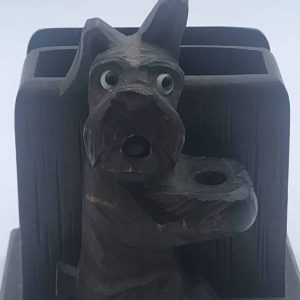 Antique Black Forest Carved Terrier Letter Rack and Pen Holder