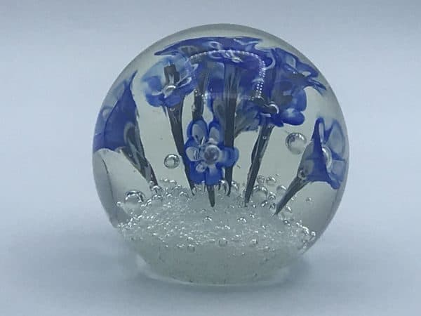 Large Murano Ferro & Lazzarini Glass Paperweight – Blue Flowers, Italian Art